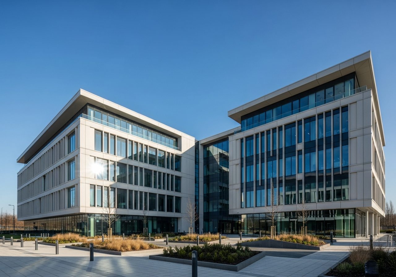 Modern office and business centre exterior — commercial premises covered by TRAMM risk assessment framework