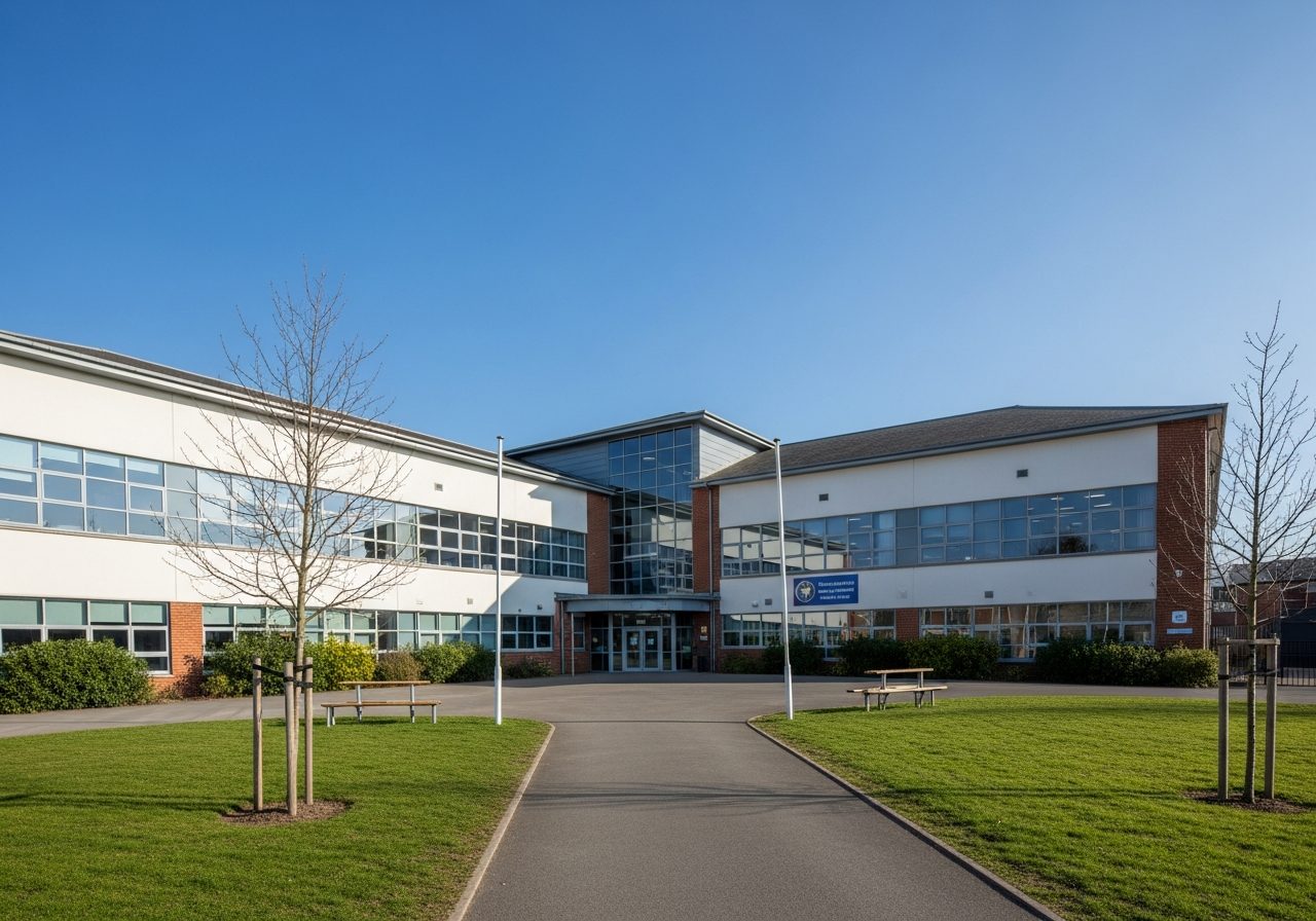 UK secondary school building exterior — educational venues covered by TRAMM terrorism risk assessments