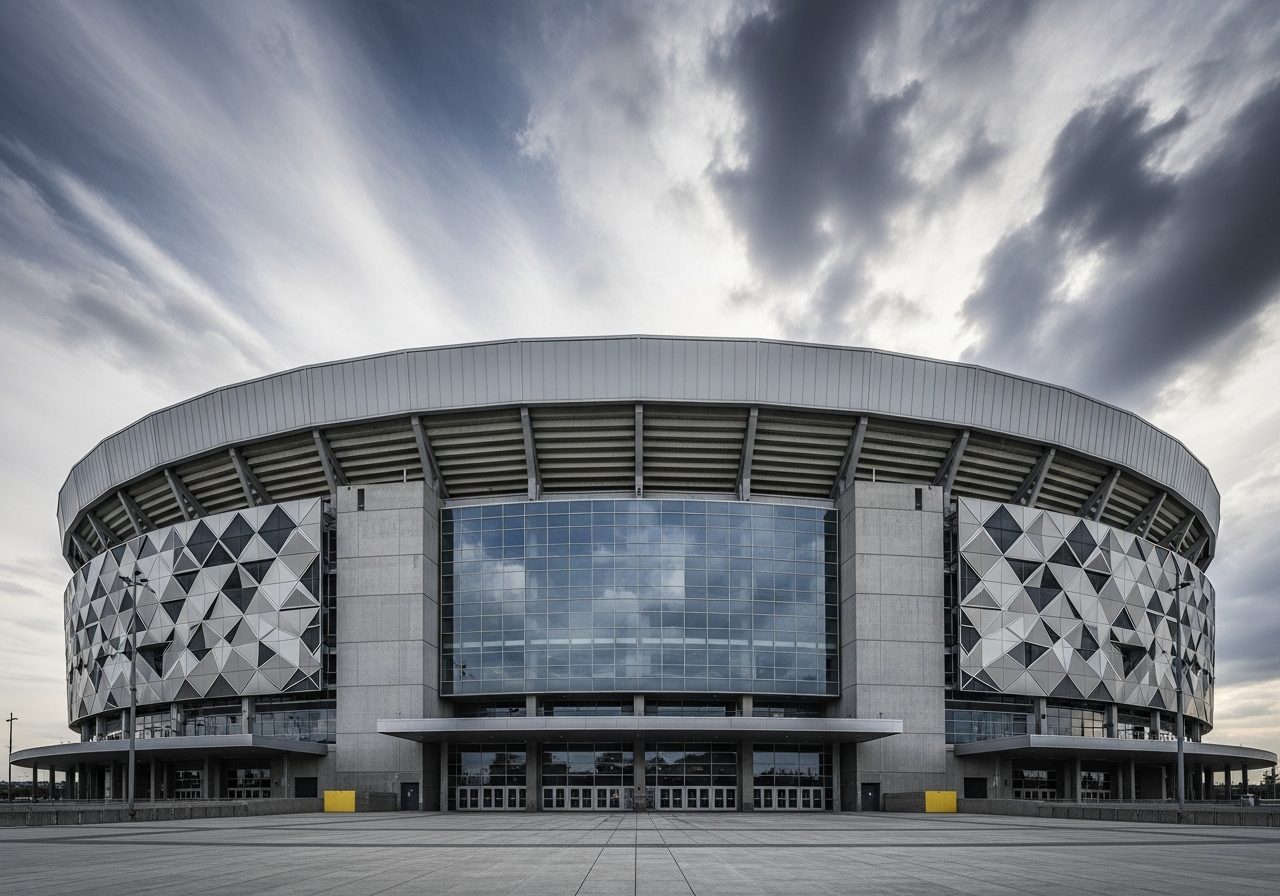 Modern sports arena exterior under dramatic sky — the type of large venue covered by TRAMM risk assessments
