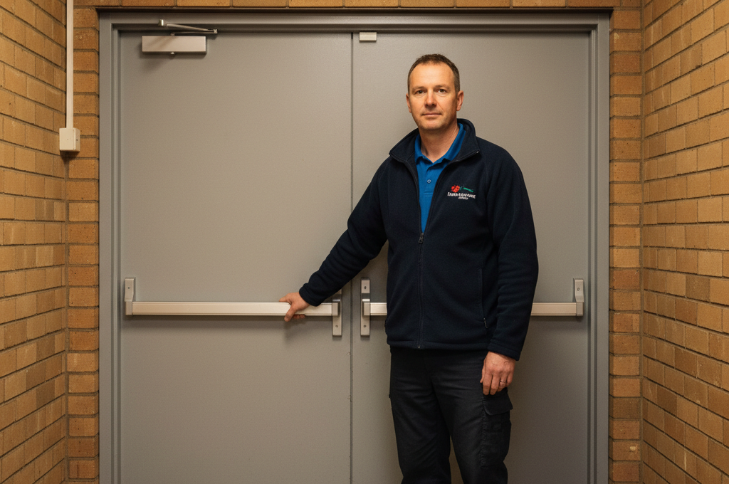 School caretaker checking fire exit door compliance in UK school corridor