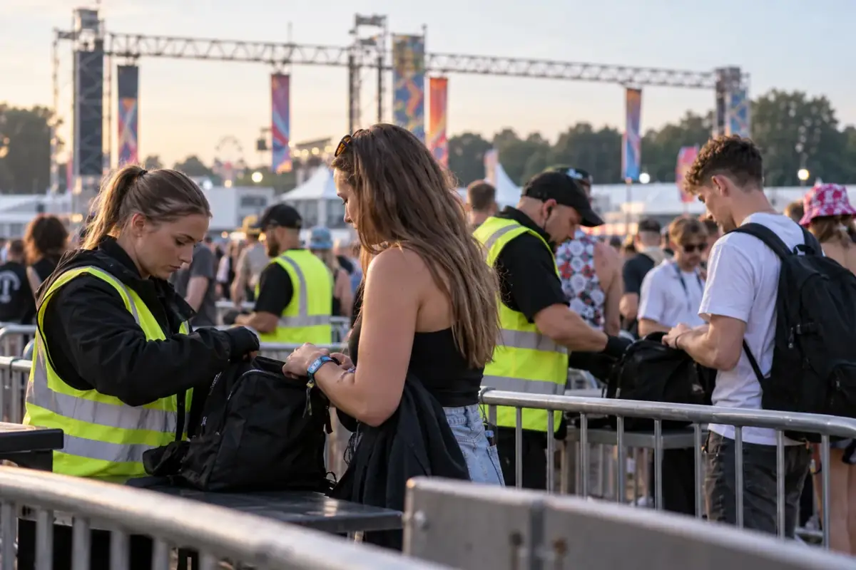 Bag search at a festival entrance carried out by event security staff