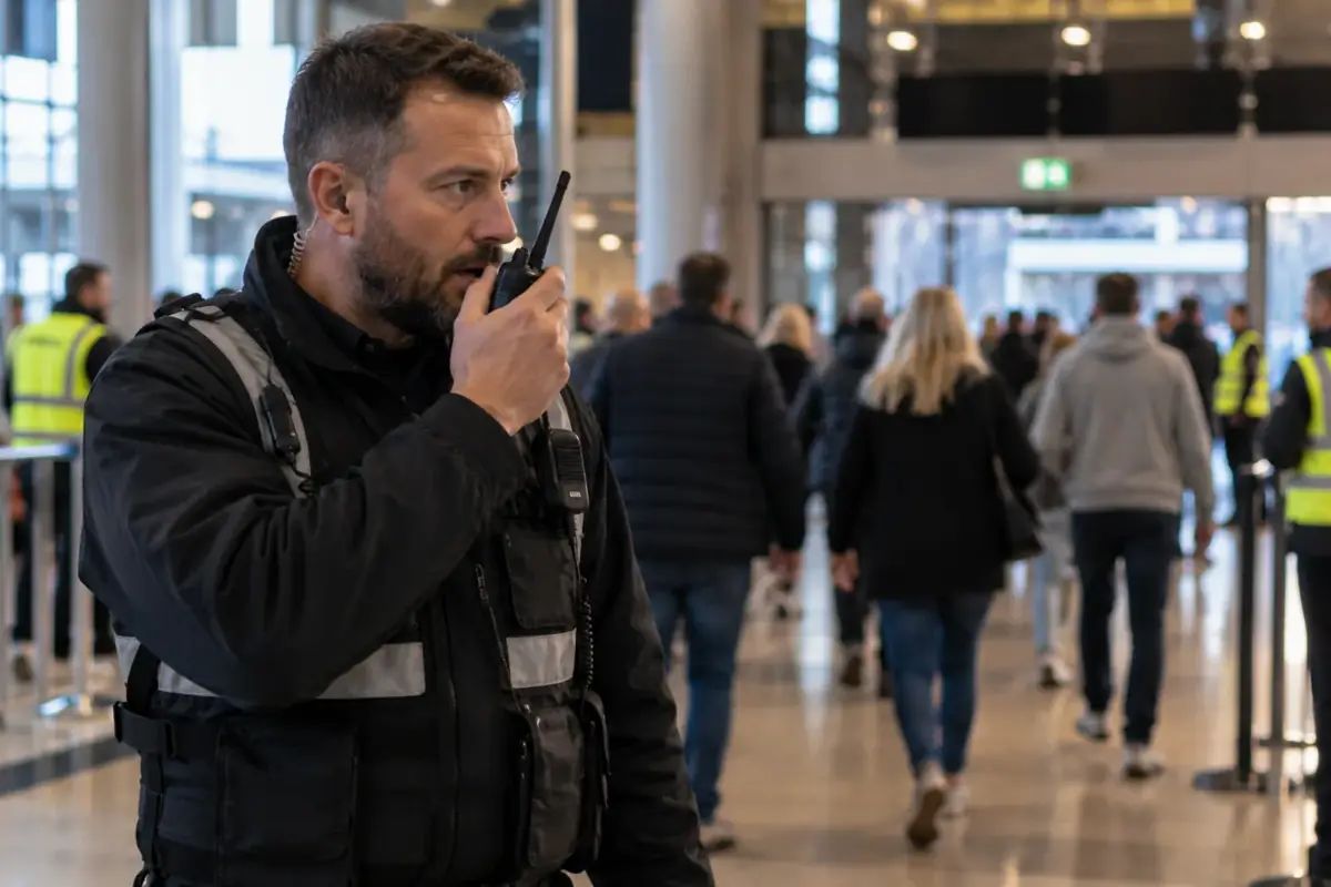 Security officer using a radio to respond to an incident on a busy venue concourse