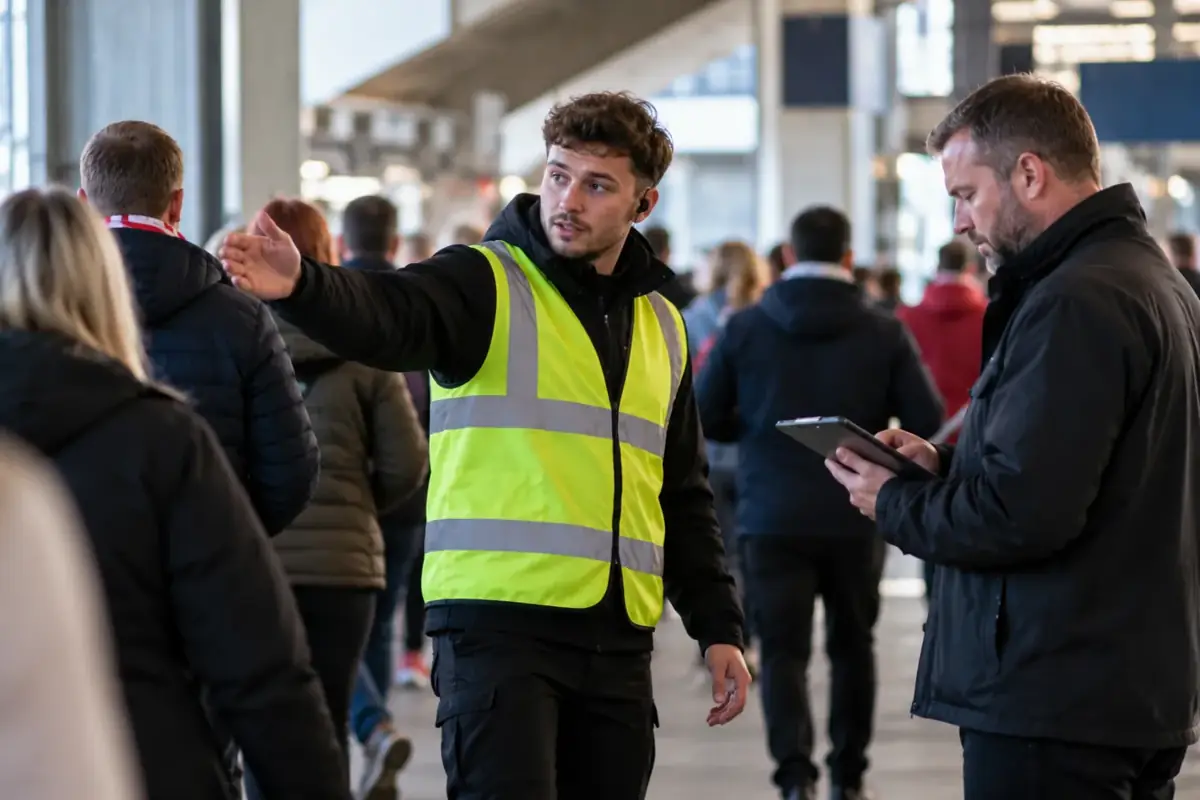 Steward directing spectators on a stadium concourse while an assessor records evidence