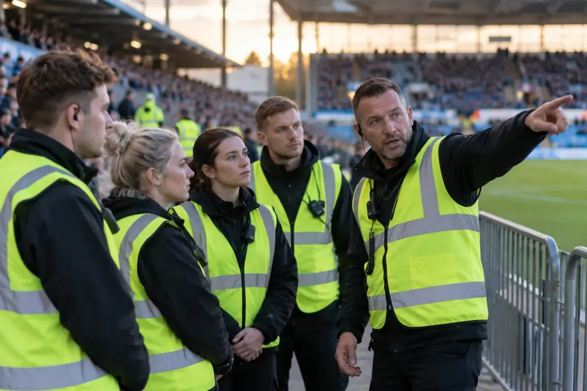 Steward supervisor briefing a stewarding team beside the pitch at a football ground