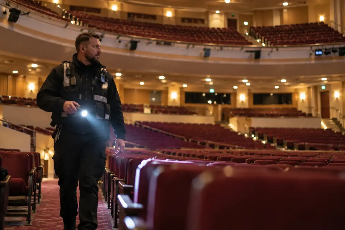 Venue security officer patrolling an empty theatre auditorium with a torch
