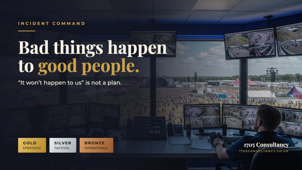 Event control room overlooking a festival crowd, with the words Bad things happen to good people and the Gold, Silver and Bronze command tiers