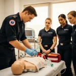 Paramedic instructor demonstrates airway management on a training mannequin to FREC3 course students