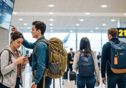 Young travellers with backpacks checking departure boards at a modern airport terminal