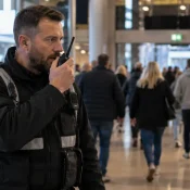 Security officer using a radio to respond to an incident on a busy venue concourse