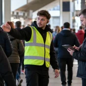 Steward directing spectators on a stadium concourse while an assessor records evidence