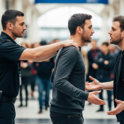 Security officer using de-escalation techniques between two individuals